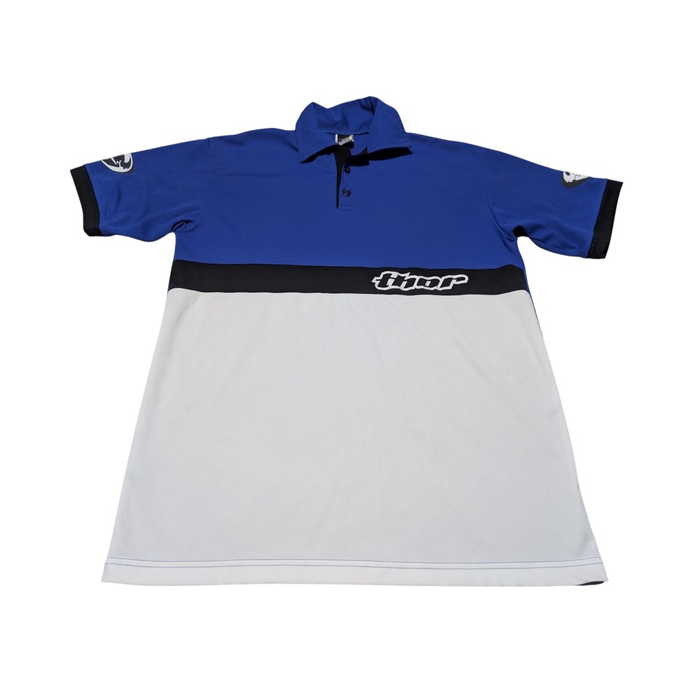 Thor Polo Shirt Mens L Blue Color Block Motocross Racing Short Sleeve Graphic MX